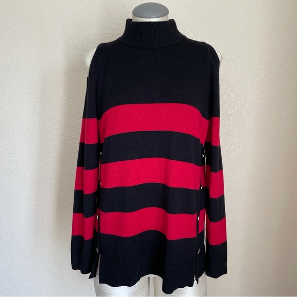 Chico's Cindy Hardware Detail Sweater Red Black Cold Shoulder Size Medium - Picture 3 of 14